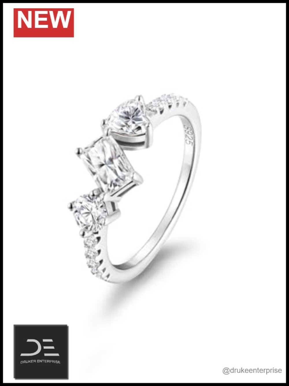 925 Sterling Silver Moissanite Three Stone Engagement Ring Size 7